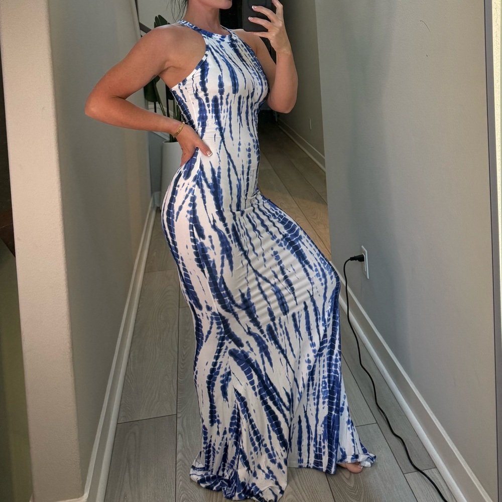 Blue and White Sleeveless Maxi Dress